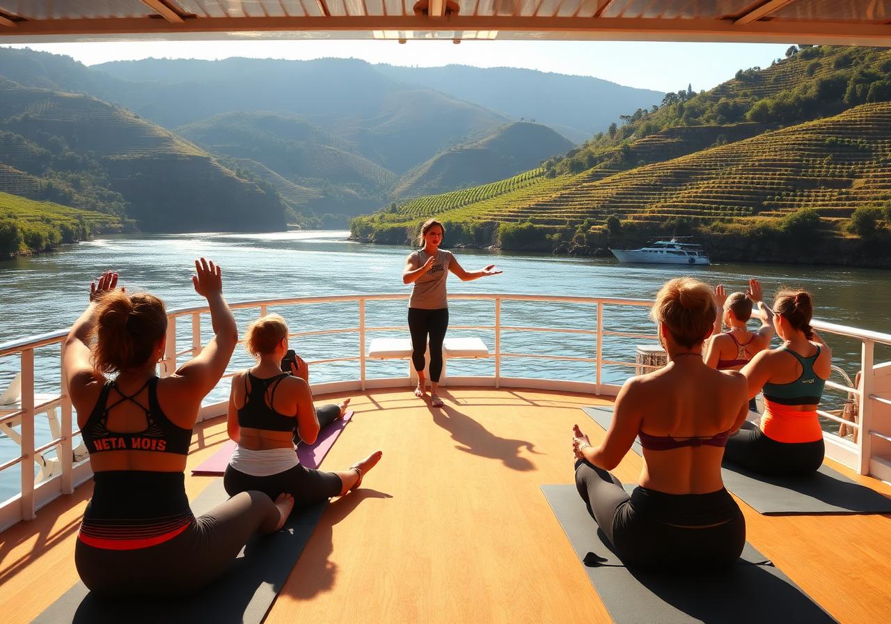 Aula de pilates e treino funcional a bordo, com os socalcos do Douro ao fundo