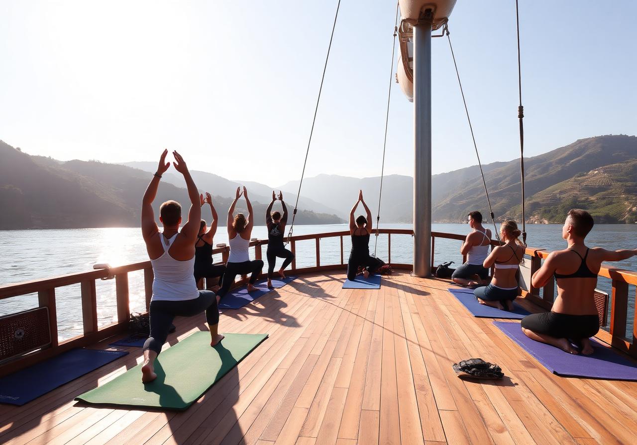 Sessão de yoga a bordo de um barco no rio Douro
