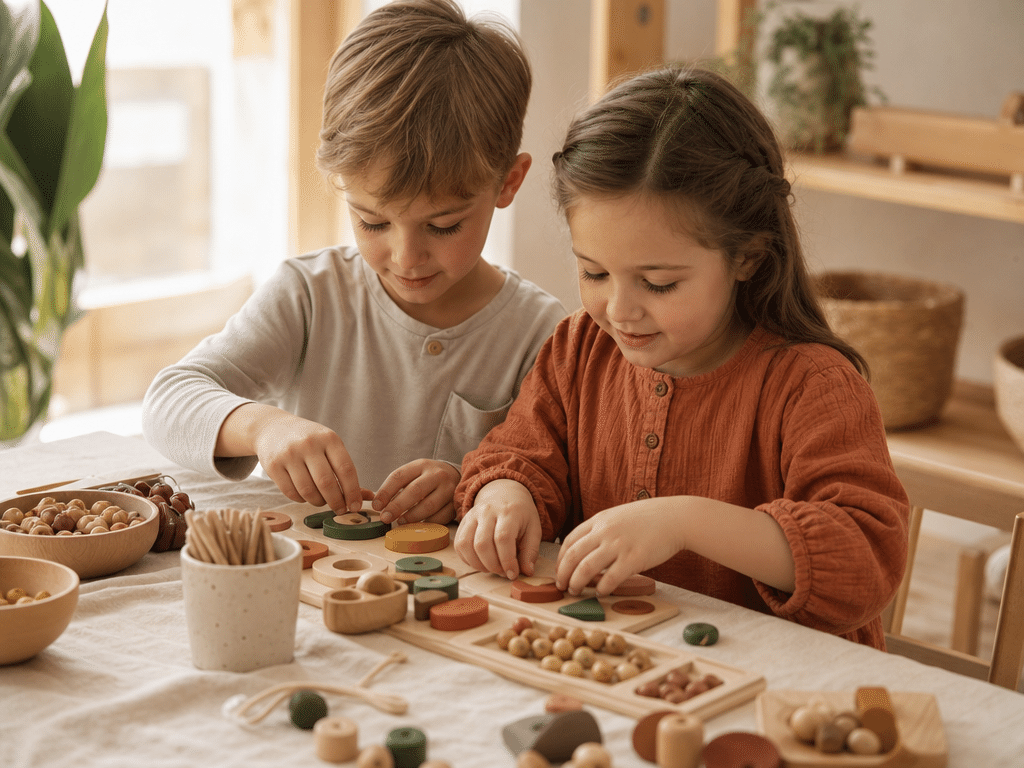 Duas crianças a fazer uma atividade sensorial à mesa, com peças e formas de madeira
