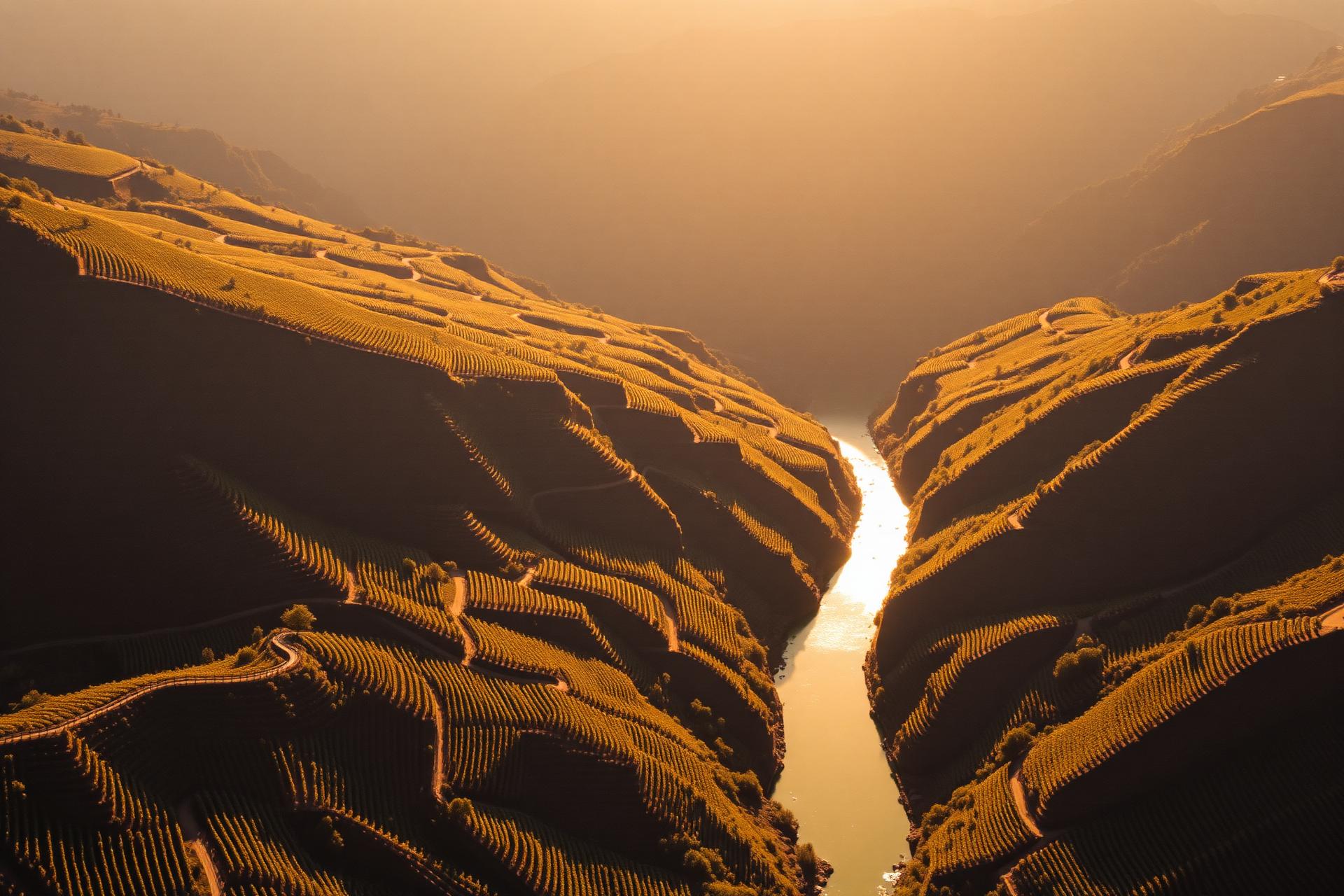 Vale do Douro visto de um miradouro, com socalcos de vinha e o rio